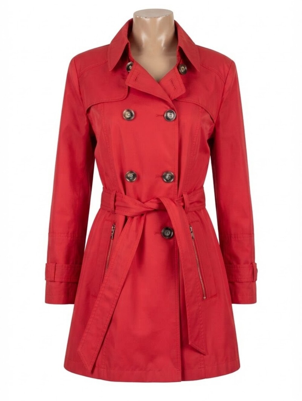 Laura Womens Red Double Breasted Trench Coat Belted Military Size 12 Fall Spring
